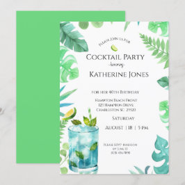 Invitación Green Blue Leaves 40th Birthday Cocktail Fiesta