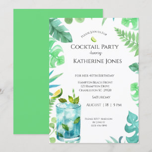 Invitación Green Blue Leaves 40th Birthday Cocktail Fiesta