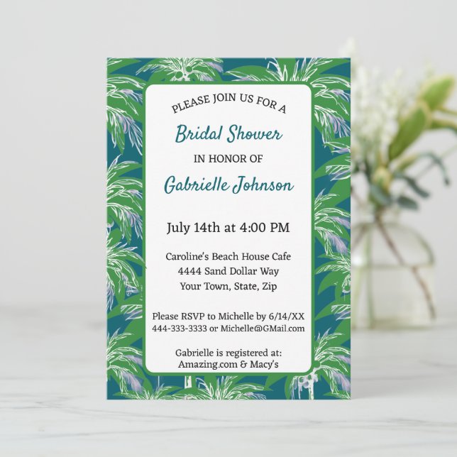 Invitación Green Blue Palm Tree Modern Wedding Shower Party (Anverso de pie)