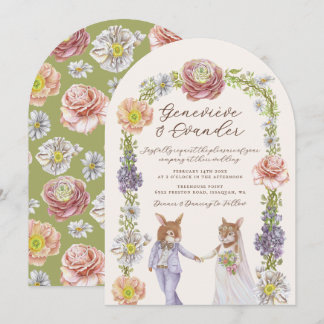 Invitación Green Boho Bunny Love Watercolor Floral Boda