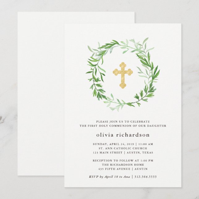 Invitación Green Botanical Leaves Wreath First Holy Communion (Anverso / Reverso)