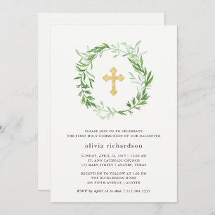 Invitación Green Botanical Leaves Wreath First Holy Communion