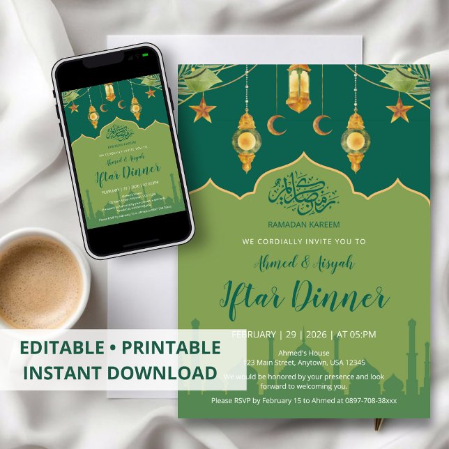Invitación Green Botanical Mosque and Gold Lanterns Iftar (Subido por el creador)