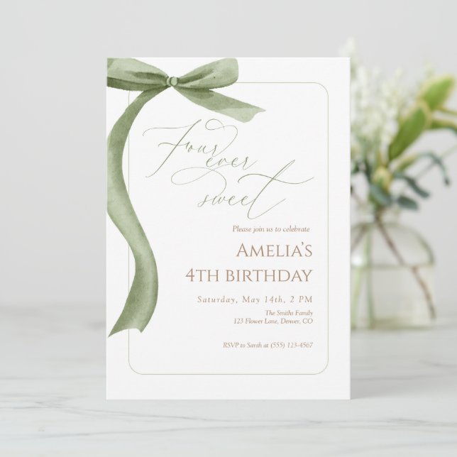 Invitación Green Bow 4th Birthday Invitation Four Ever Sweet (Anverso de pie)