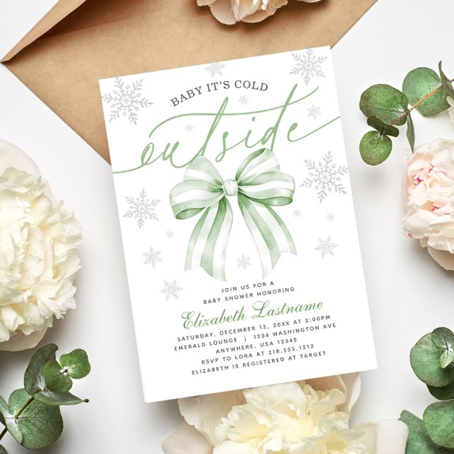 Invitación Green Bow Baby Its Cold Outside Winter Baby Shower (Baby Its Cold Outside Coquette Green Bow Birthday Invitation
#winterbabyshower
#genderneutralshower)