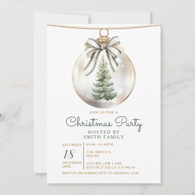 Invitación Green Bow Christmas Party Ornament Holiday Floral (Anverso)