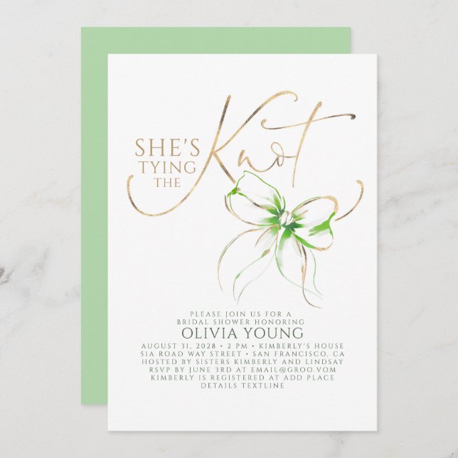 Invitación Green Bow Elegant Modern Minimalist Bridal Shower (Anverso / Reverso)