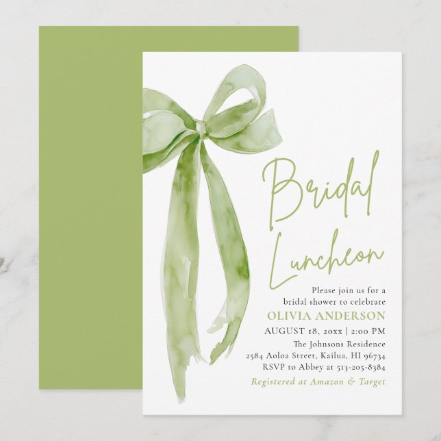 Invitación Green Bow está atando el almuerzo de la novia Knot (Anverso / Reverso)