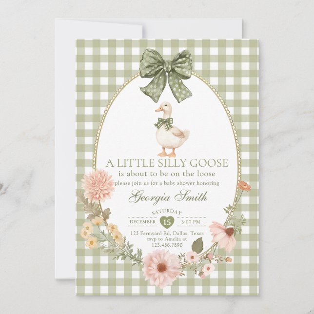 Invitación Green Bow Gingham Silly Goose Baby Shower (Anverso)