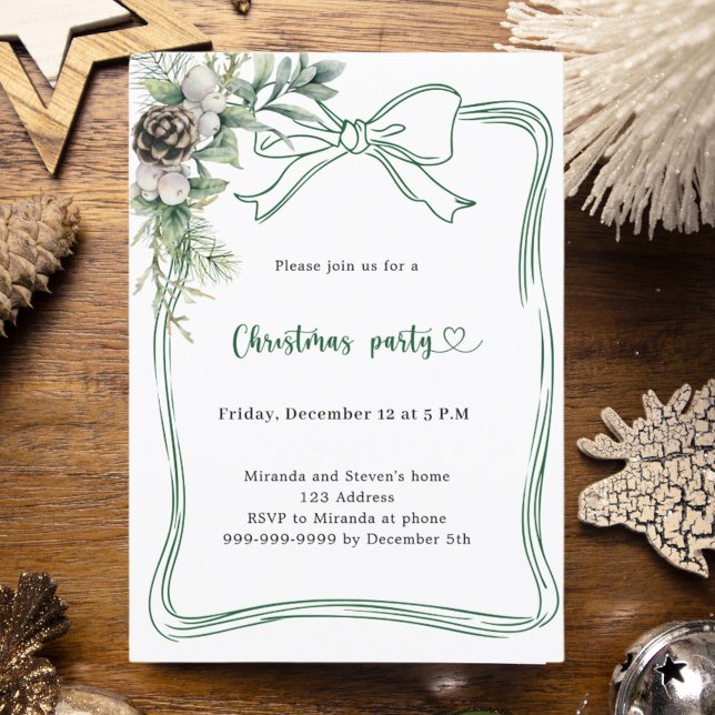 Invitación Green bow pine greenery Christmas Party (Subido por el creador)