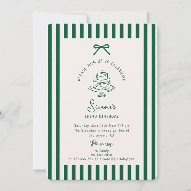 Invitación Green Bow, Striped Green cumpleaños Invitation (Anverso)