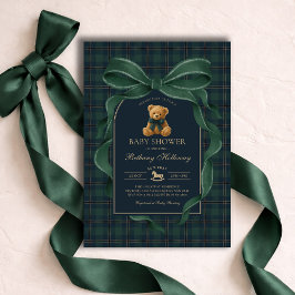 Invitación Green Bow Teddy Bear Polo Plaid Baby Shower