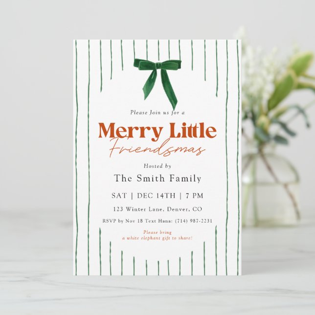 Invitación Green Bow Watercolor Merry Little Friendsmas (Anverso de pie)
