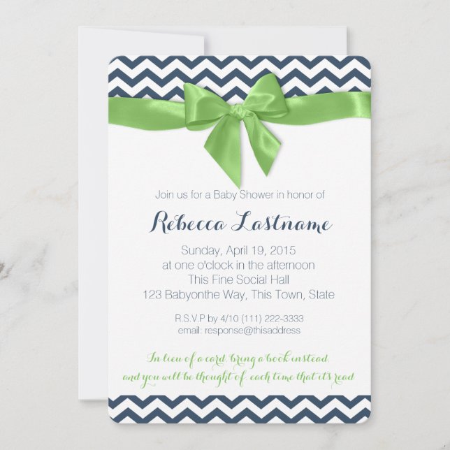 Invitación Green Bow y Zigzag Baby Shower (Anverso)