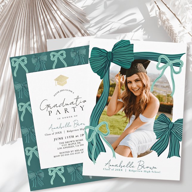 Invitación Green Bows Photo Graduation Party (Subido por el creador)