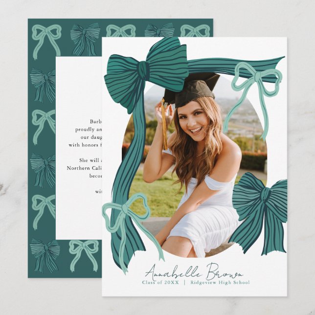 Invitación Green Bows Photo Message Graduation Announcement (Anverso / Reverso)