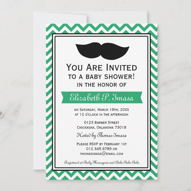 Invitación Green Boy Mustache Chevron Baby Shower (Anverso)