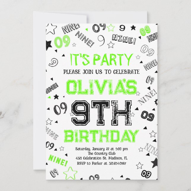Invitación Green Boy Número Nueve Fiesta de Cumpleaños (Anverso)