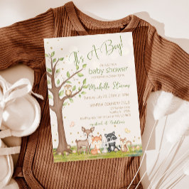 Invitación Green Brown Boy Watercolor Woodland Animales