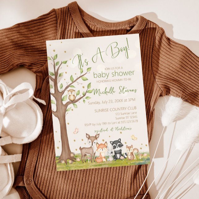 Invitación Green Brown Boy Watercolor Woodland Animales (Subido por el creador)