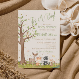 Invitación Green Brown Boy Watercolor Woodland Animales