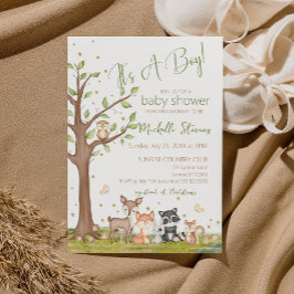 Invitación Green Brown Boy Watercolor Woodland Animales