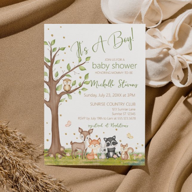 Invitación Green Brown Boy Watercolor Woodland Animales (Subido por el creador)