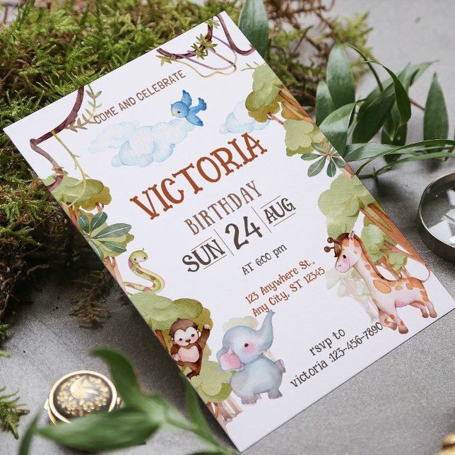Invitación Green Brown Watercolor Jungle Birthday Invitation (Green Brown Watercolor Jungle Birthday Invitation)
