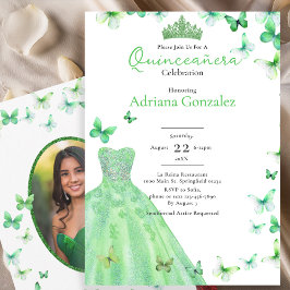 Invitación Green Butterflies Dress Tiara Photo Quinceanera