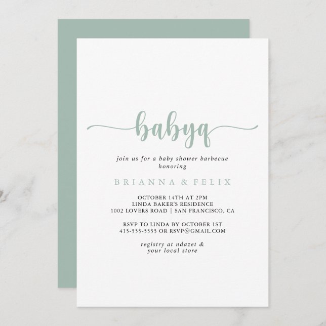 Invitación Green Calligraphy BabyQ Baby Shower Barbecue (Anverso / Reverso)