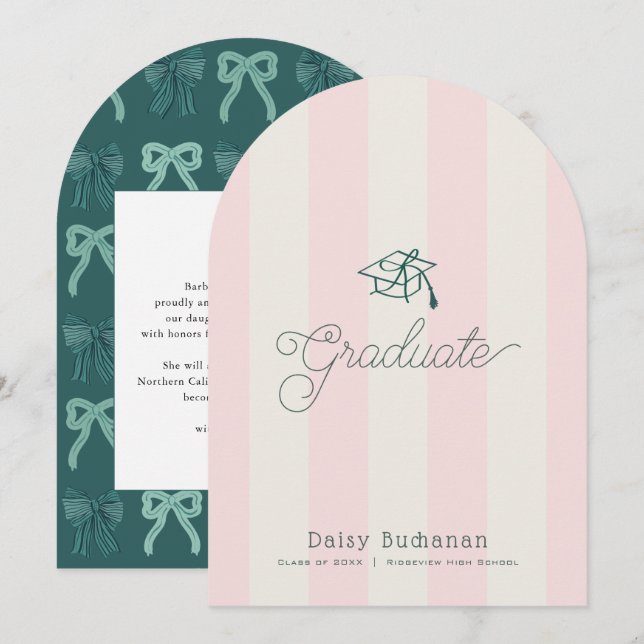 Invitación Green Cap Pink Stripes Bow Graduation Announcement (Anverso / Reverso)