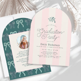 Invitación Green Cap & Pink Stripes Graduation Party Photo