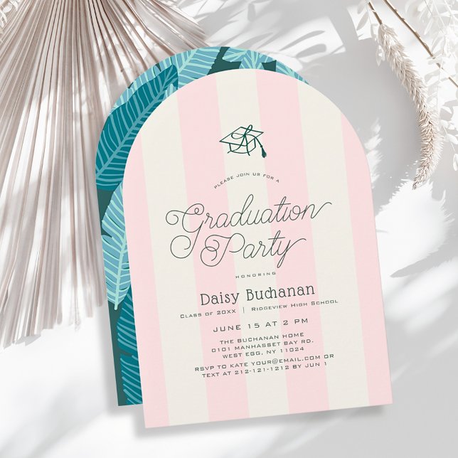 Invitación Green Cap & Pink Stripes Palms Graduation Party (Subido por el creador)