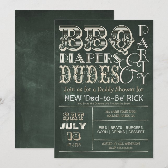 Invitación Green Chalkboard BBQ Diapers & DUDES Baby Shower (Anverso / Reverso)