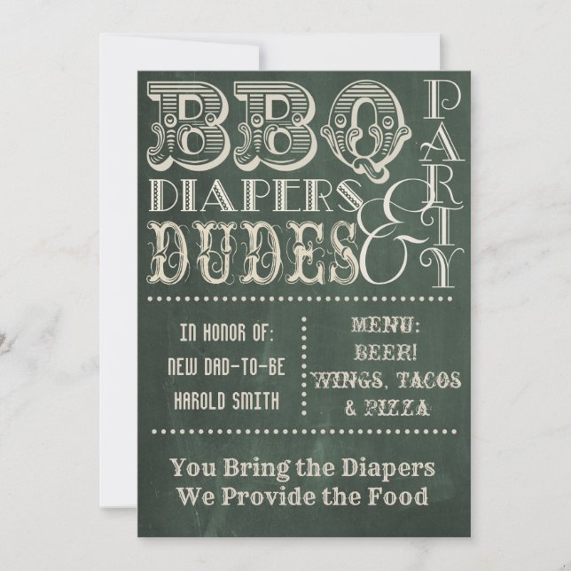 Invitación Green Chalkboard BBQ Diapers y DUDES Baby Shower (Anverso)