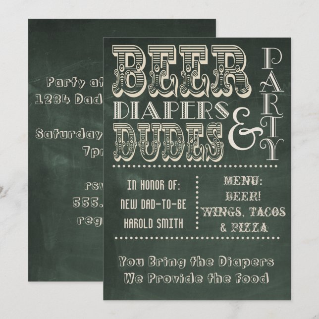 Invitación Green Chalkboard Beer Diapers & DUDES Baby Shower (Anverso / Reverso)
