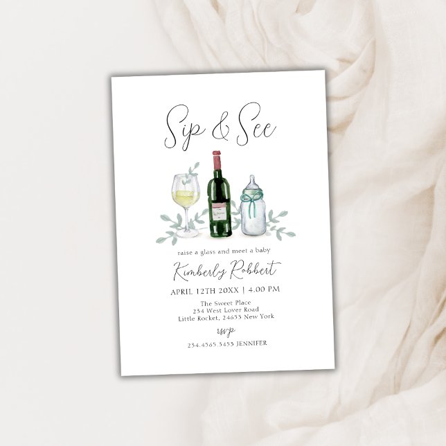 Invitación Green Champagne Sip & See Baby Shower (Greenery Champagne Sip & See Baby Shower Invitation)