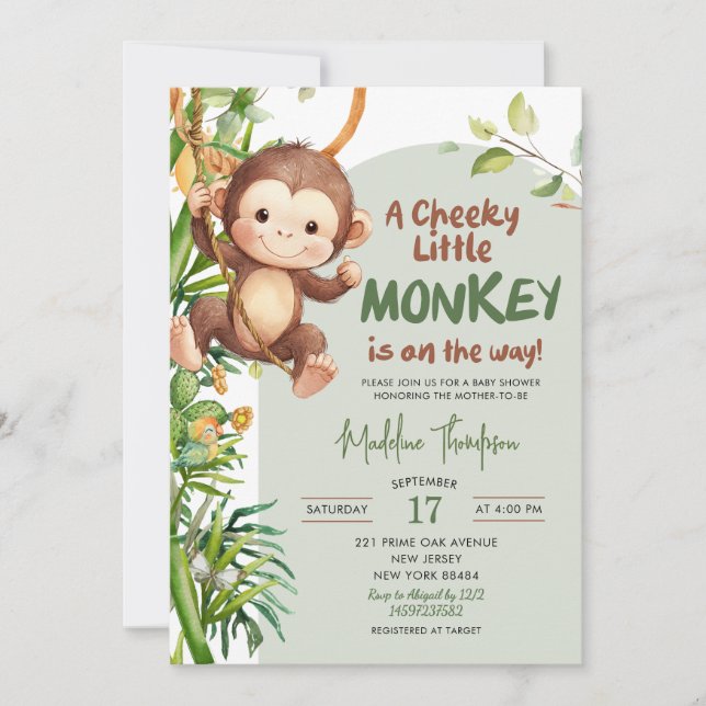 Invitación Green Cheeky Little Monkey on the way Baby Shower (Anverso)