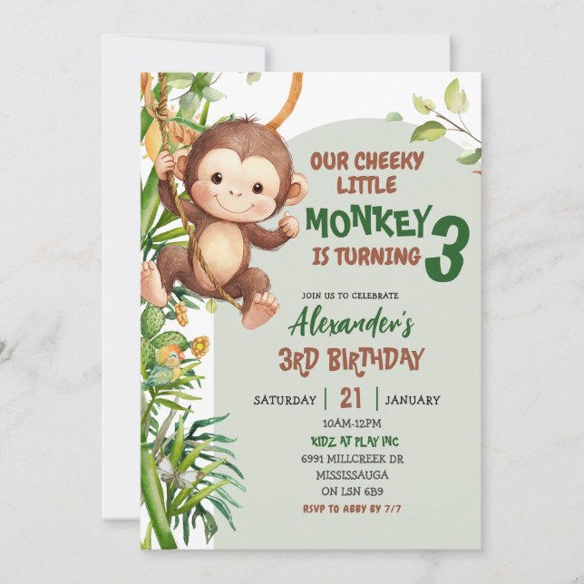 Invitación Green Cheeky Little Monkey Savannah Theme Birthday (Anverso)
