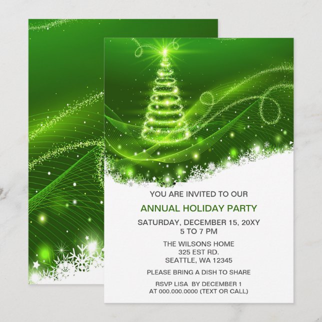 Invitación Green Christmas Tree Modern Holiday Party (Anverso / Reverso)