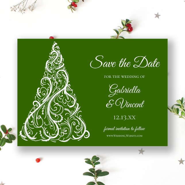 Invitación Green Christmas Tree Winter Wedding Save the Date (Subido por el creador)