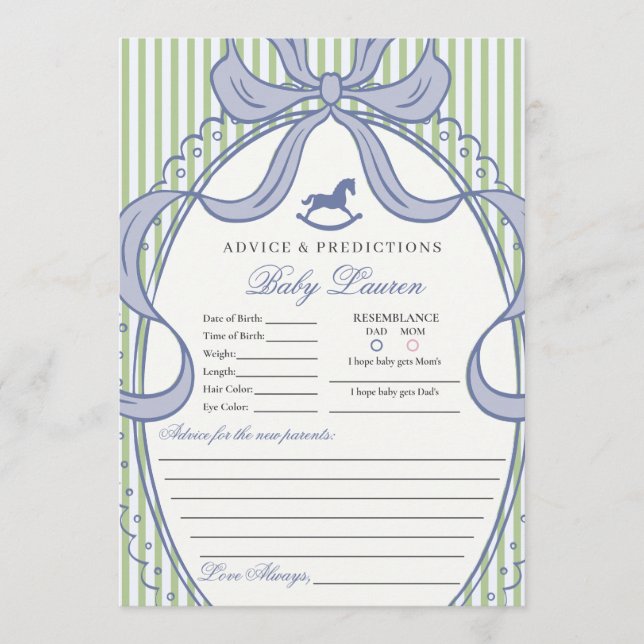 Invitación Green Coquette Bow Rocking Horse Baby Advice Card (Anverso)