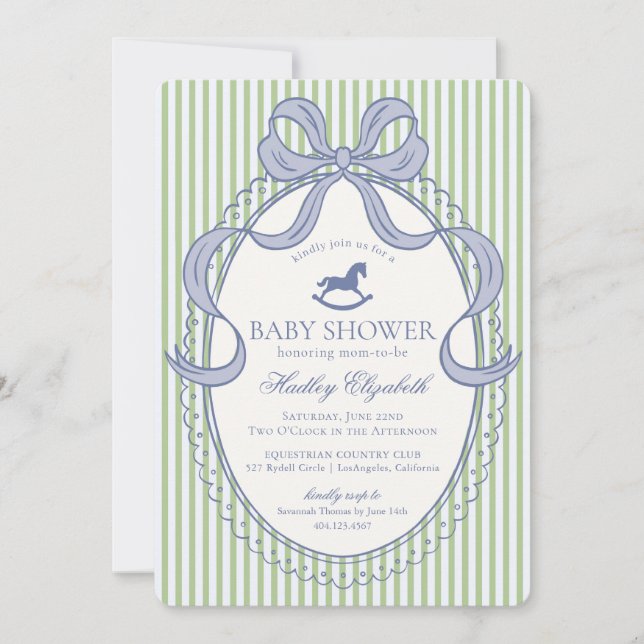 Invitación Green Coquette Bow Rocking Horse Baby Shower (Anverso)