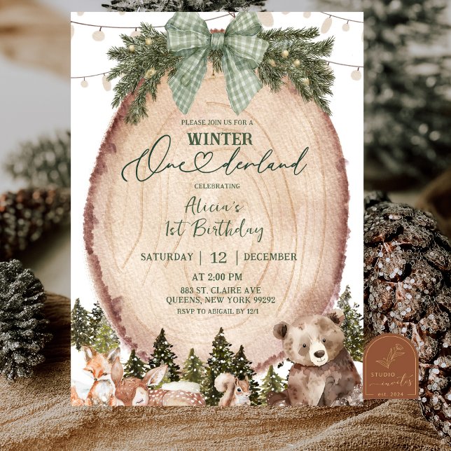 Invitación Green Coquette Rustic Winter Forest 1st Birthday (Subido por el creador)