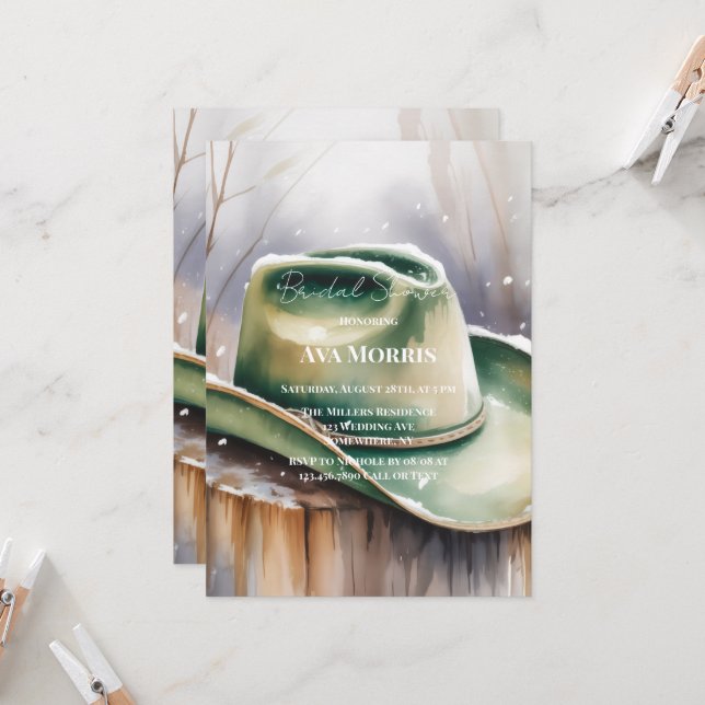 Invitación Green Cowboy Hat in Snow Bridal Shower (Anverso/Reverso In Situ)