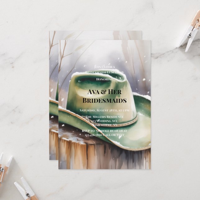 Invitación Green Cowboy Hat in Snow Bridesmaids Luncheon  (Anverso/Reverso In Situ)