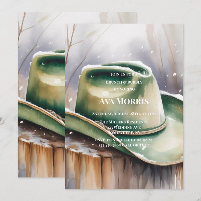 Invitación Green Cowboy Hat in Snow Brunch & Bubbly (Anverso / Reverso)