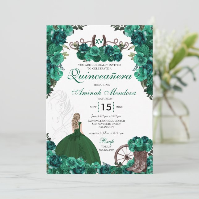 Invitación Green Cowgirl Boots Ranch Charra Quinceañera (Anverso de pie)