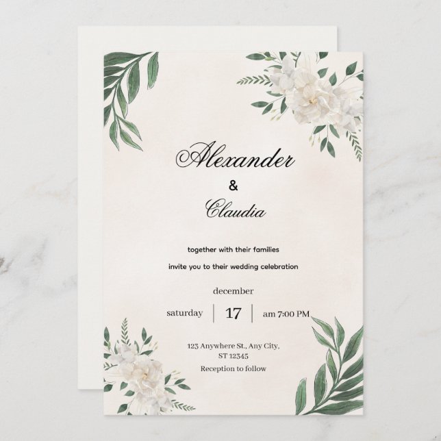 Invitación Green & Cream Botanical Wedding, (Anverso / Reverso)