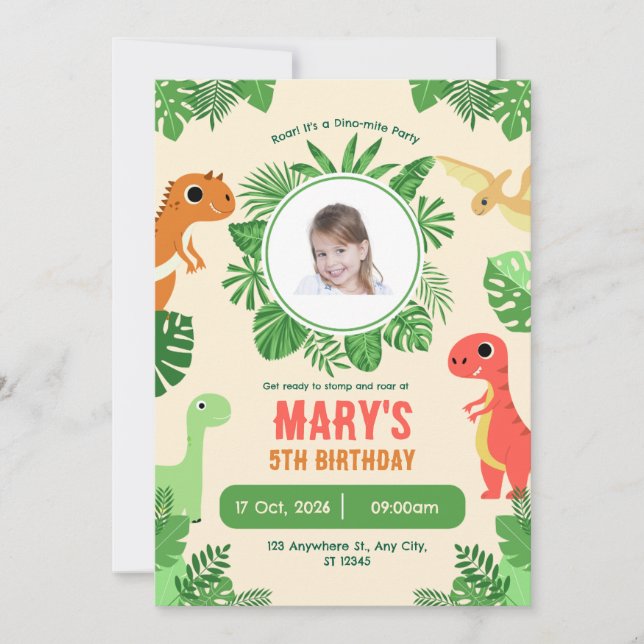 Invitación Green Cream Photo Cute Dinosaurs 5th birthday  (Anverso)